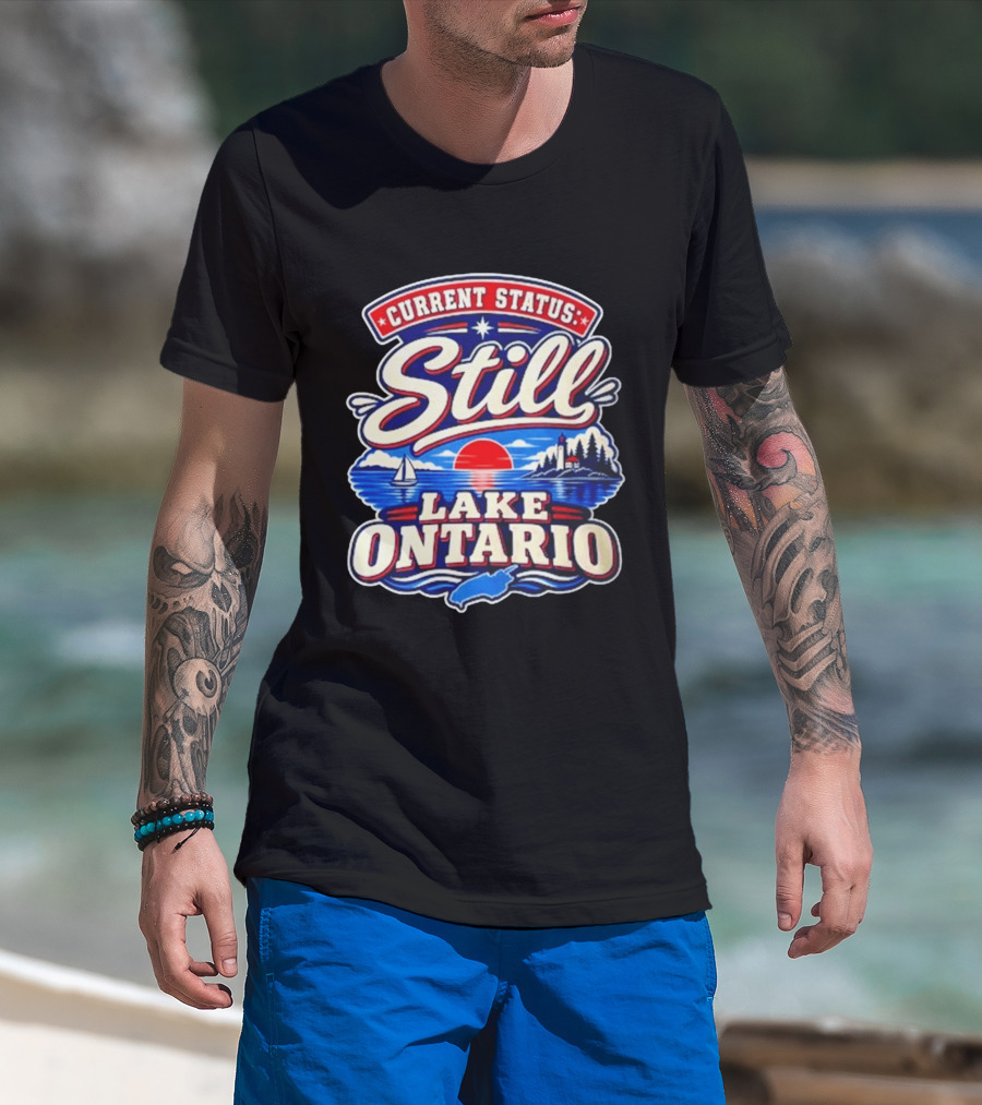 Current Status Still Lake Ontario Sunset Sailboat Lighthouse Scene T-Shirt
