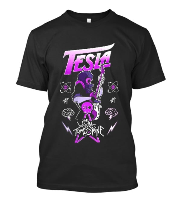 Tesla The Living Tombstone Purple Hooded Skull Mask Electric Guitar Pixel T-Shirt