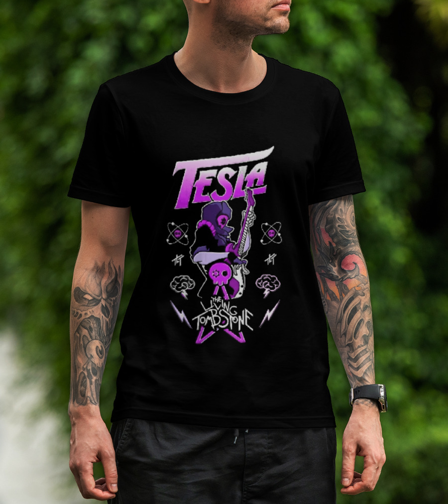 Tesla The Living Tombstone Purple Hooded Skull Mask Electric Guitar Pixel T-Shirt