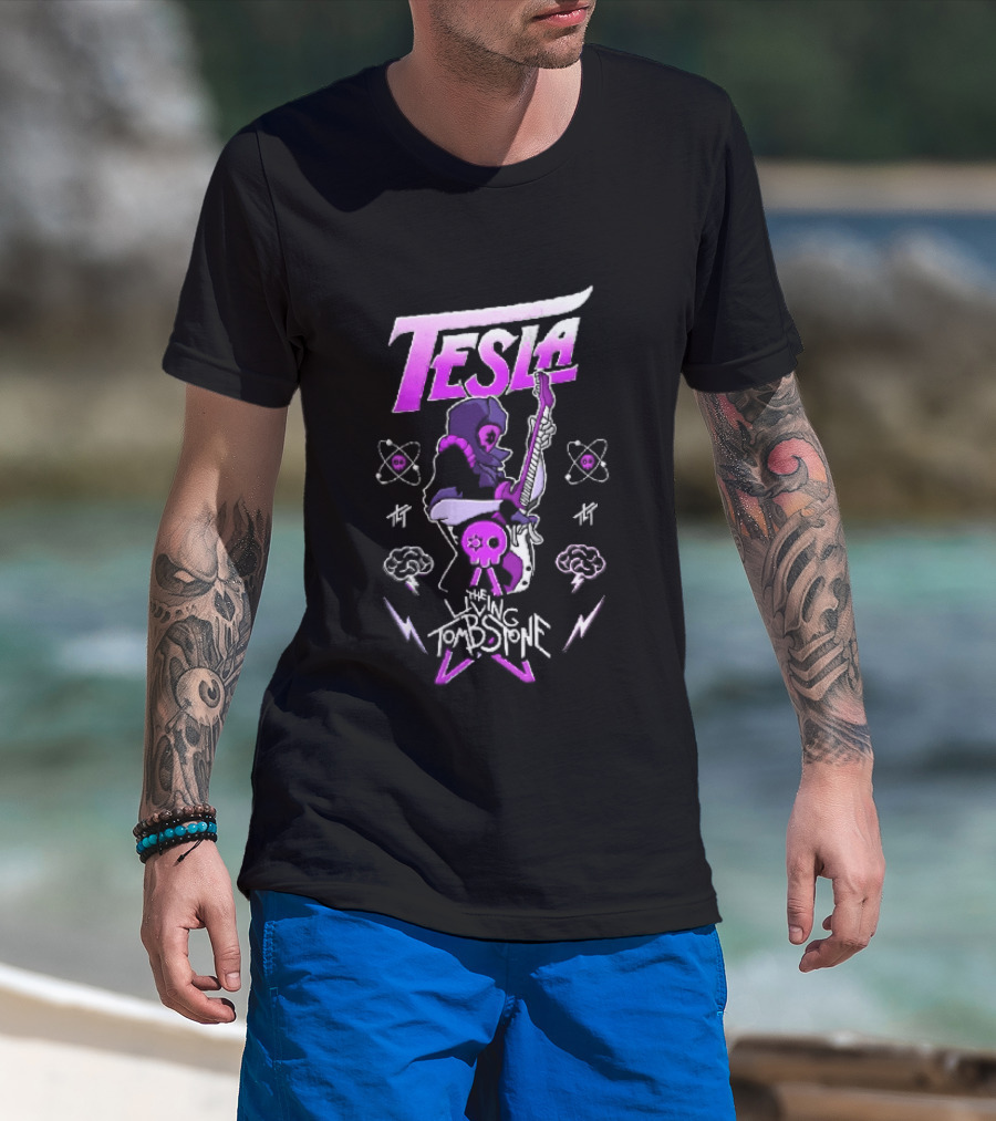 Tesla The Living Tombstone Purple Hooded Skull Mask Electric Guitar Pixel T-Shirt