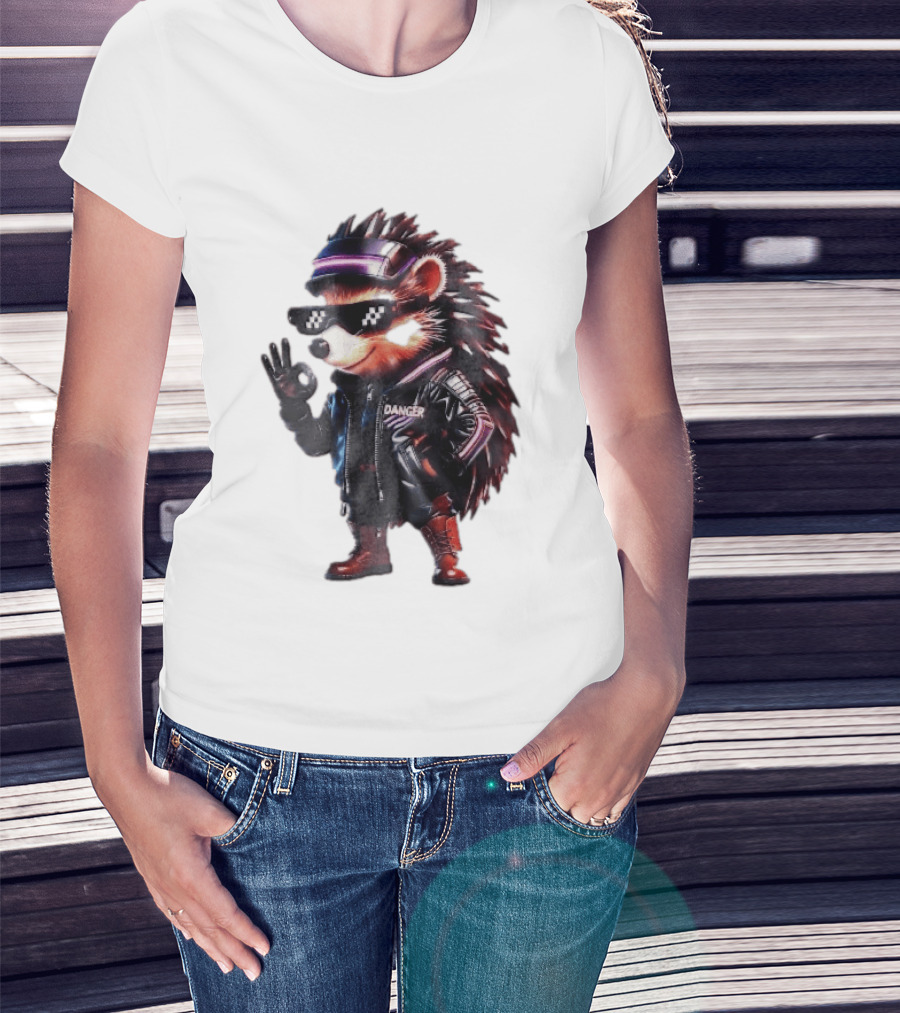 Danger Hedgehog Pixel Sunglasses Leather Jacket T-Shirt