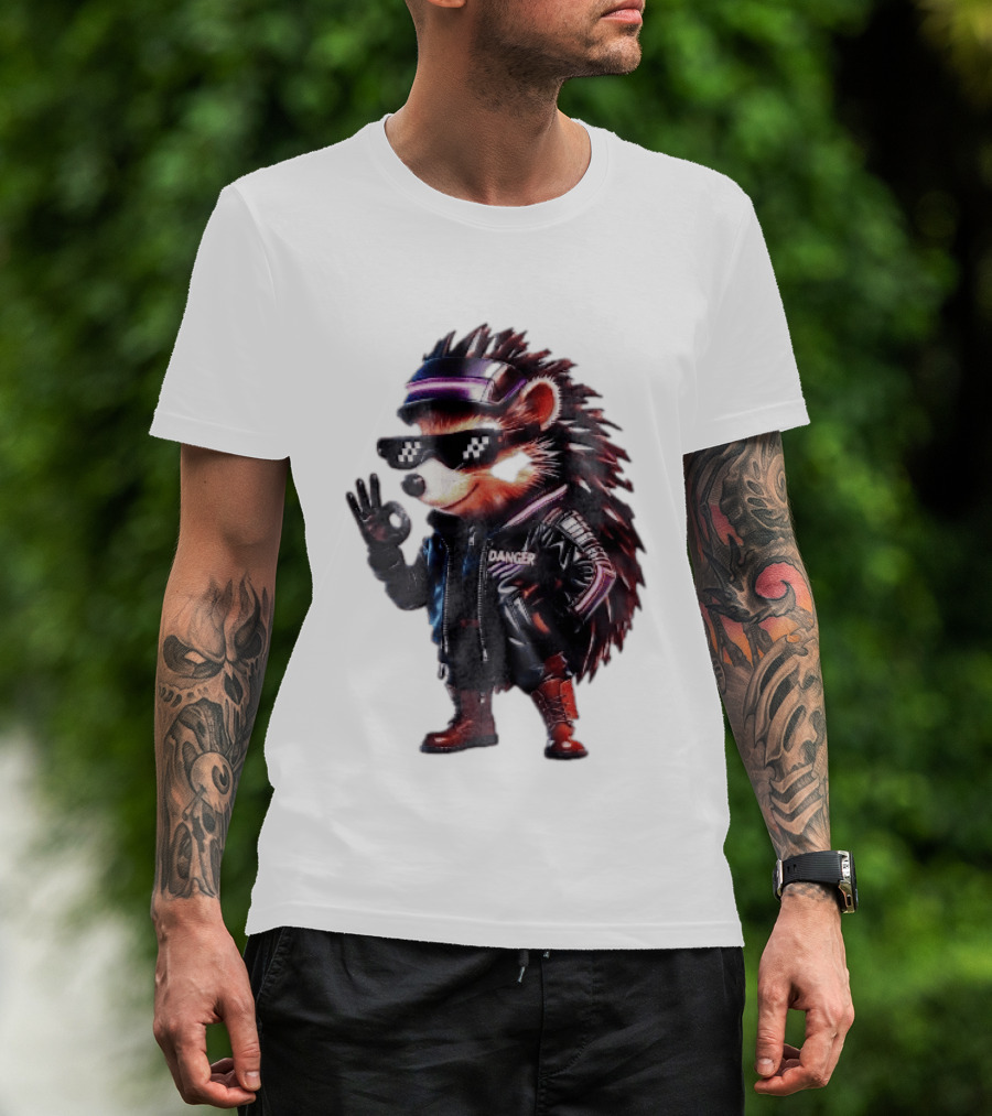 Danger Hedgehog Pixel Sunglasses Leather Jacket T-Shirt