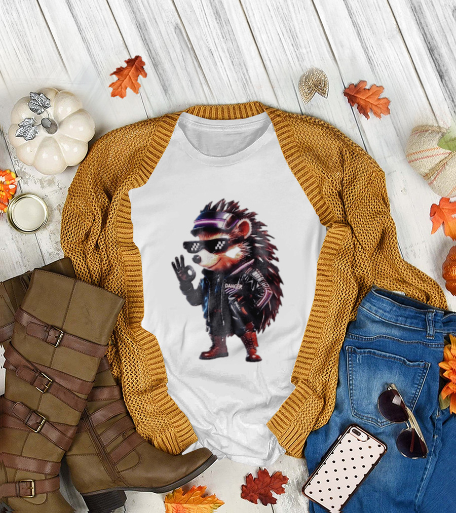 Danger Hedgehog Pixel Sunglasses Leather Jacket T-Shirt