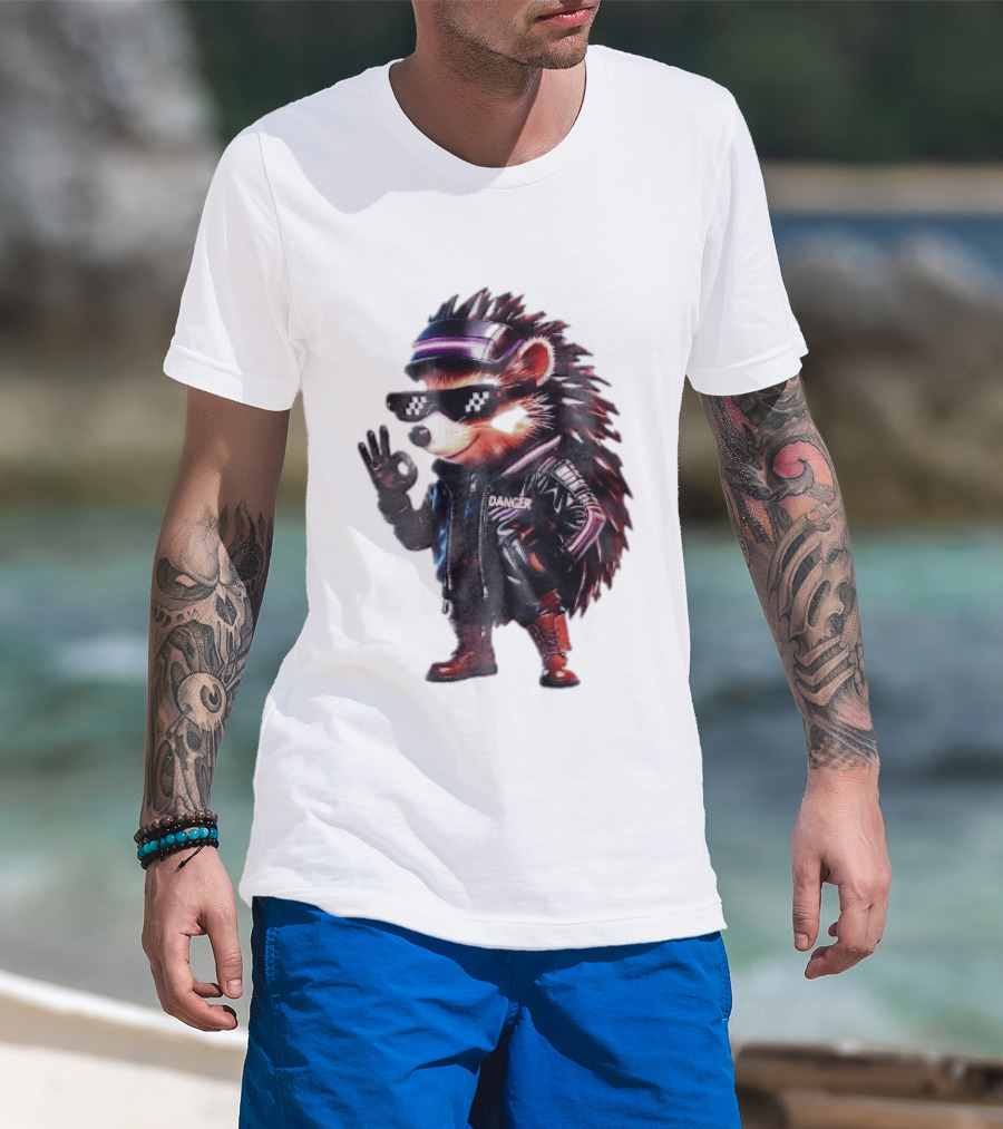 Danger Hedgehog Pixel Sunglasses Leather Jacket T-Shirt