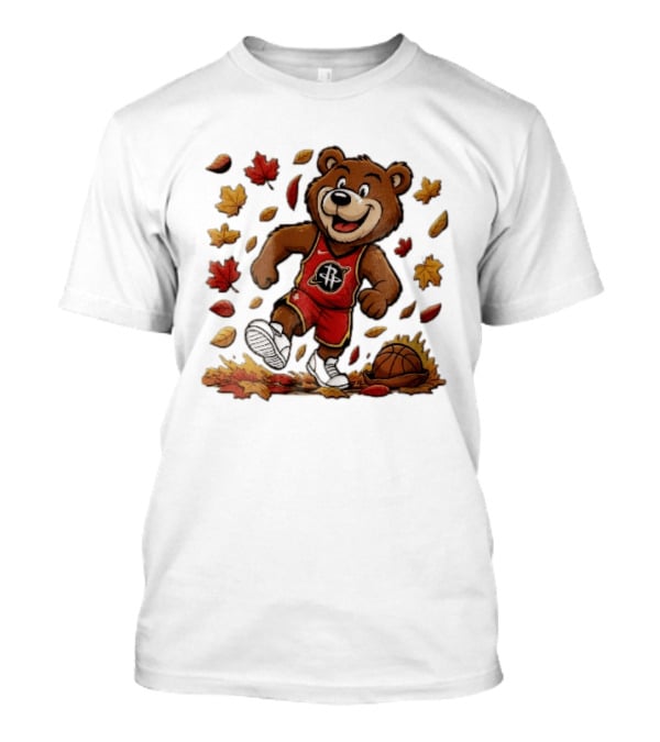 Houston Rockets Clutch The Bear Running With Basketball And Autumn Leaves T-Shirt