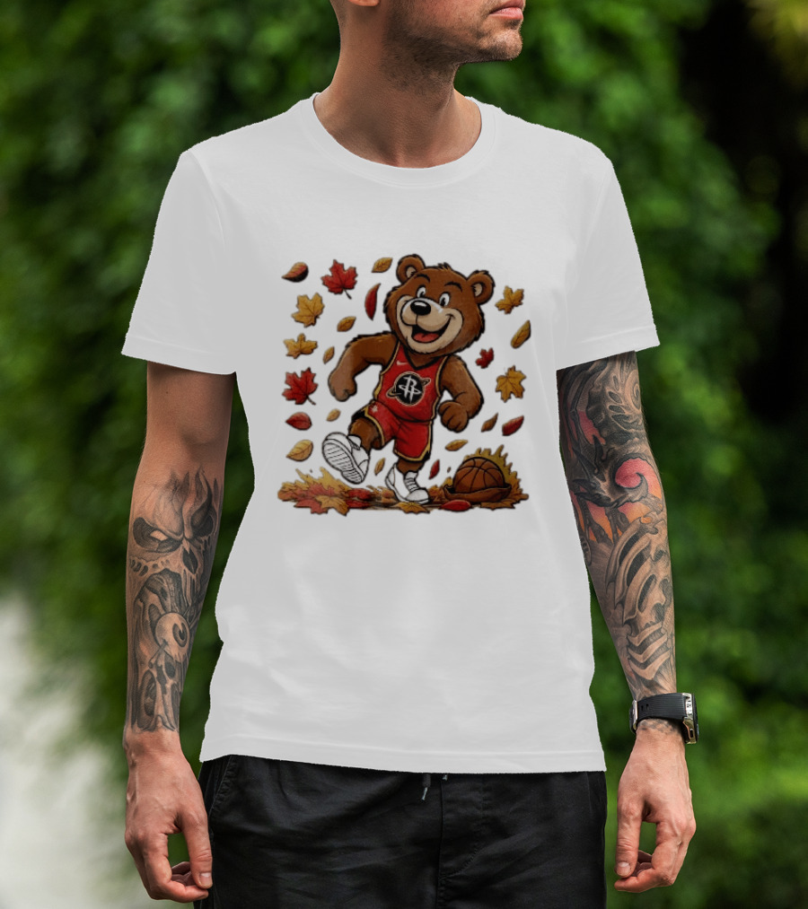 Houston Rockets Clutch The Bear Running With Basketball And Autumn Leaves T-Shirt