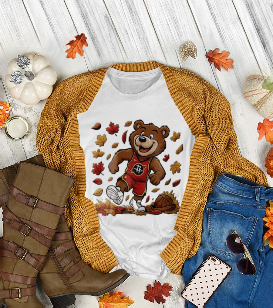 Houston Rockets Clutch The Bear Running With Basketball And Autumn Leaves T-Shirt