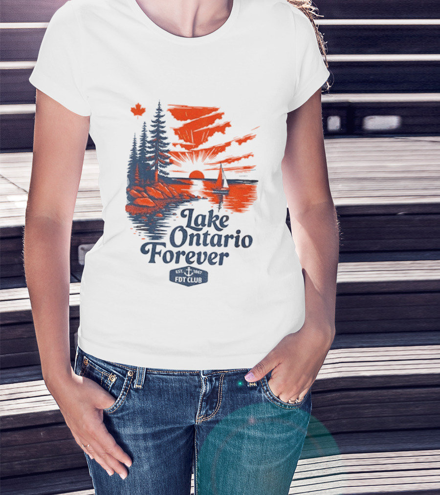 Lake Ontario Forever Sunset Sailboat FDT Club Canada Maple Leaf Scenery T-Shirt