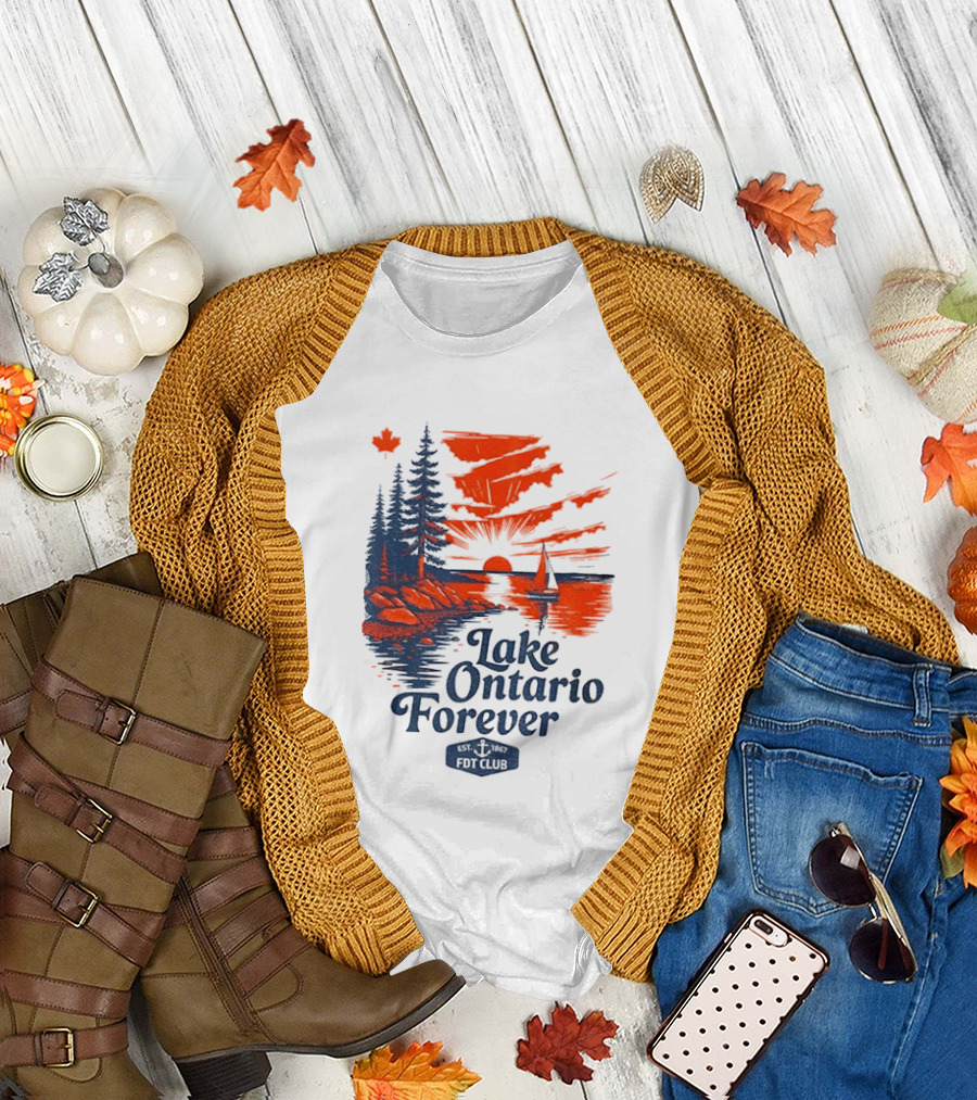 Lake Ontario Forever Sunset Sailboat FDT Club Canada Maple Leaf Scenery T-Shirt