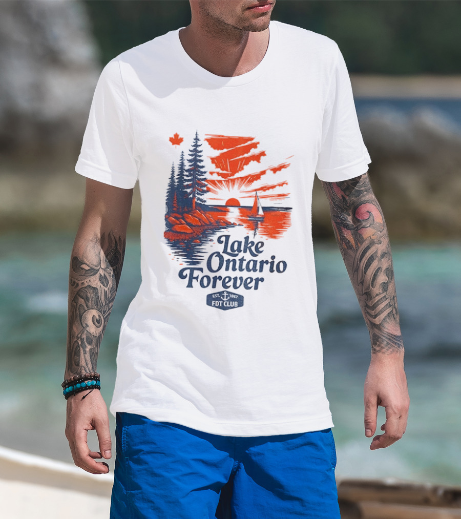 Lake Ontario Forever Sunset Sailboat FDT Club Canada Maple Leaf Scenery T-Shirt