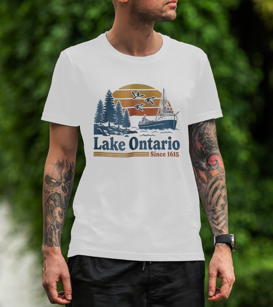 Lake Ontario Great Lakes Since 1615 Scenic Sunrise With Ship And Trees T-Shirt
