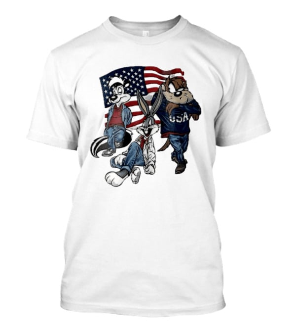 Looney Tunes Pepe Le Pew Bugs Bunny Tasmanian Devil USA American Flag Caricature T-Shirt