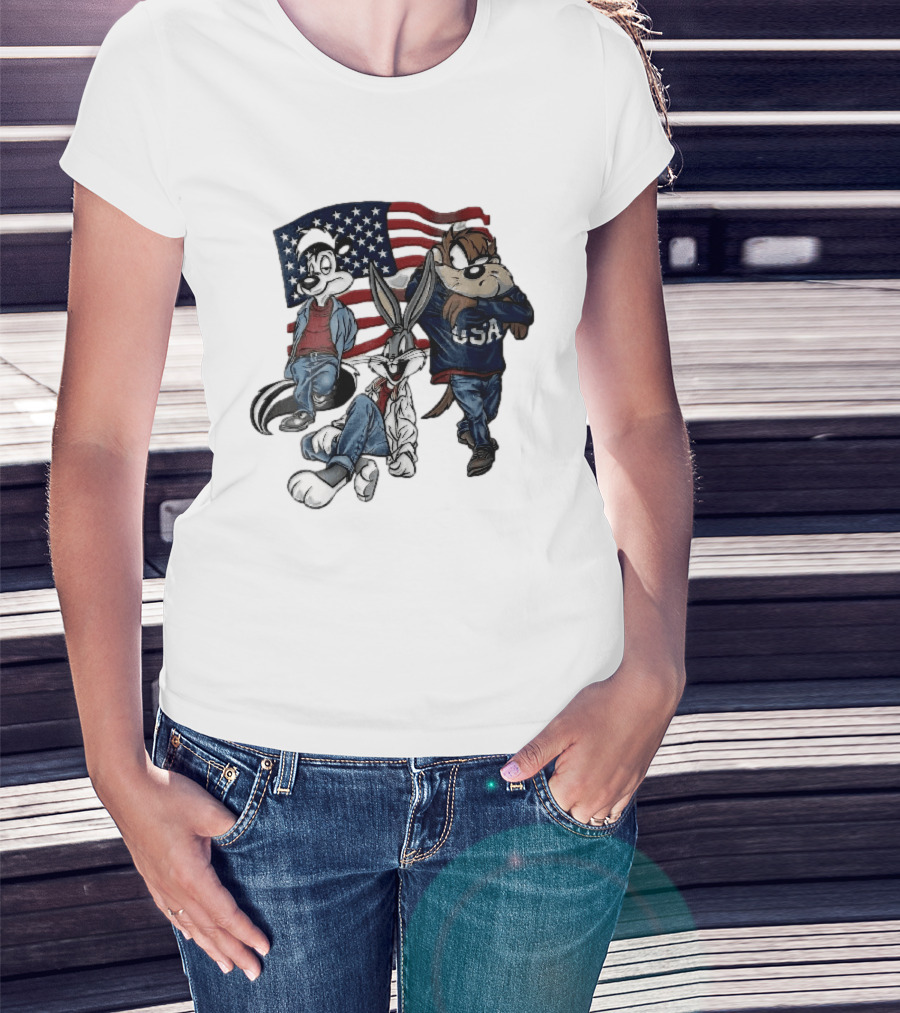 Looney Tunes Pepe Le Pew Bugs Bunny Tasmanian Devil USA American Flag Caricature T-Shirt
