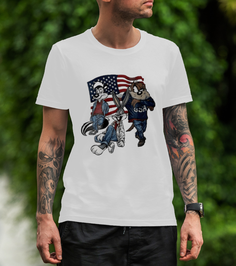 Looney Tunes Pepe Le Pew Bugs Bunny Tasmanian Devil USA American Flag Caricature T-Shirt
