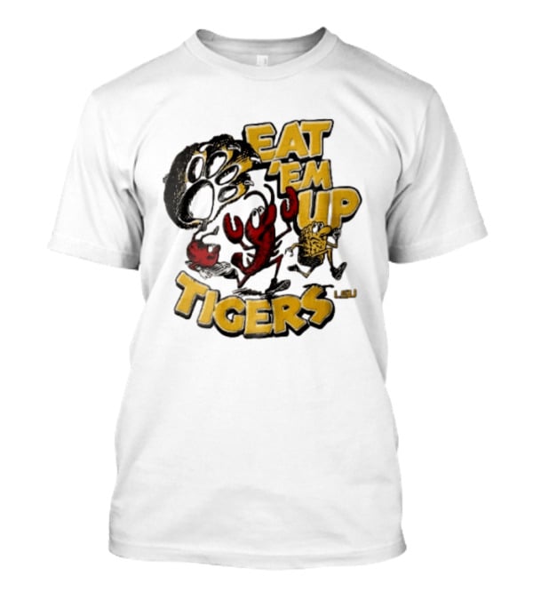 LSU Tigers Eat Em Up Cartoon Crawfish Corn Bean Paw Running T-Shirt