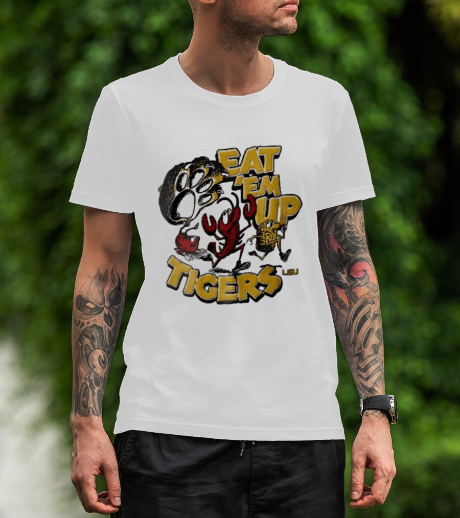 LSU Tigers Eat Em Up Cartoon Crawfish Corn Bean Paw Running T-Shirt