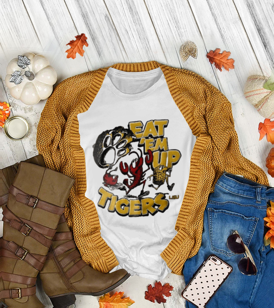 LSU Tigers Eat Em Up Cartoon Crawfish Corn Bean Paw Running T-Shirt