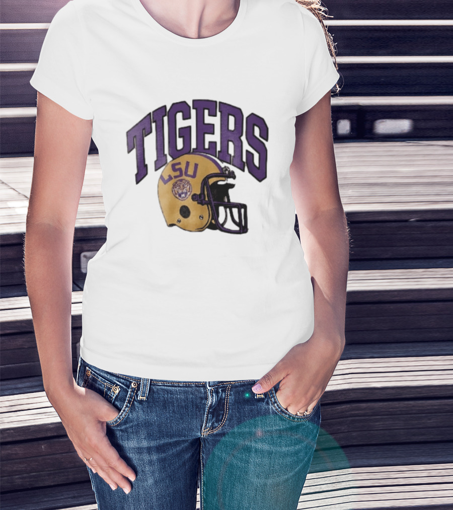 LSU Tigers Yellow Football Helmet Purple Arched Letters NCAA T-Shirt