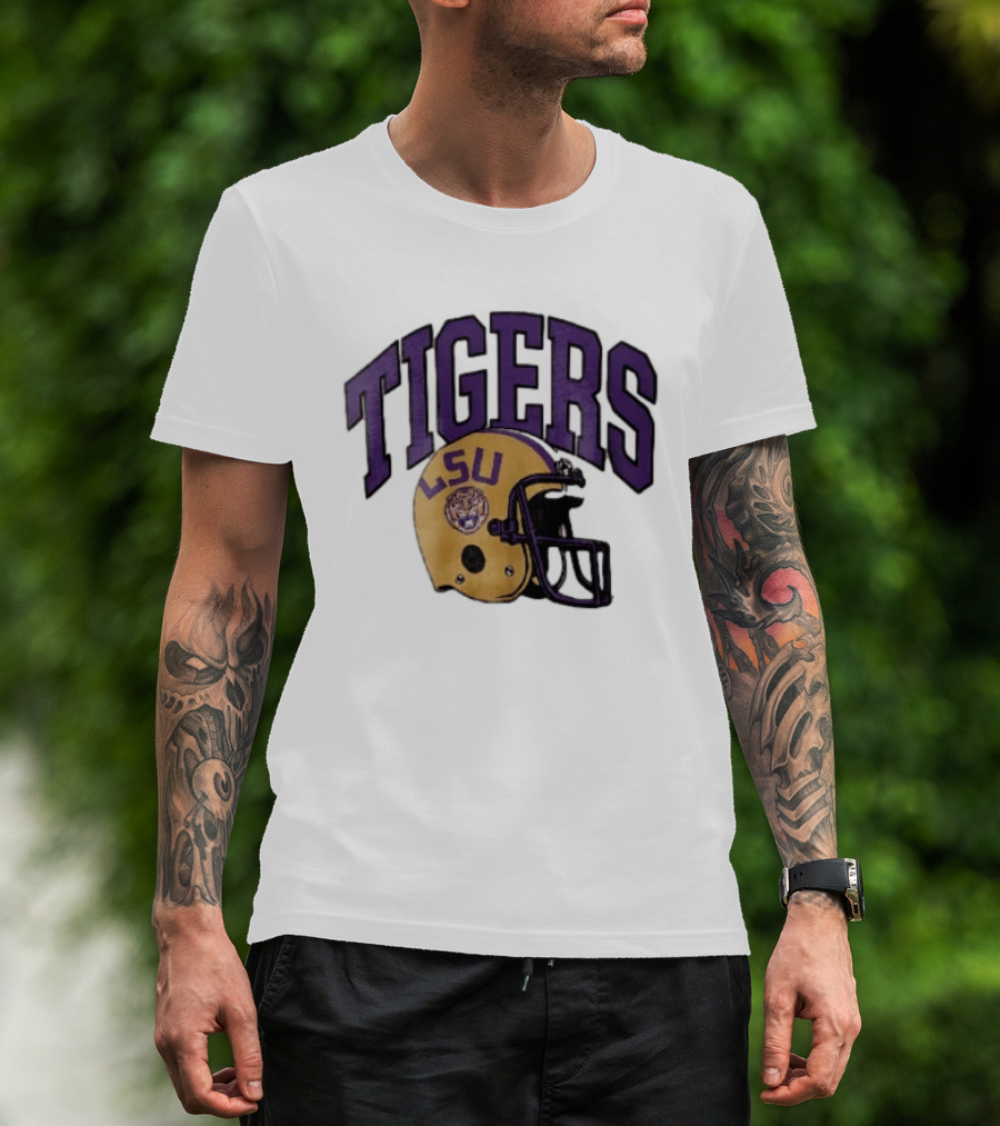 LSU Tigers Yellow Football Helmet Purple Arched Letters NCAA T-Shirt