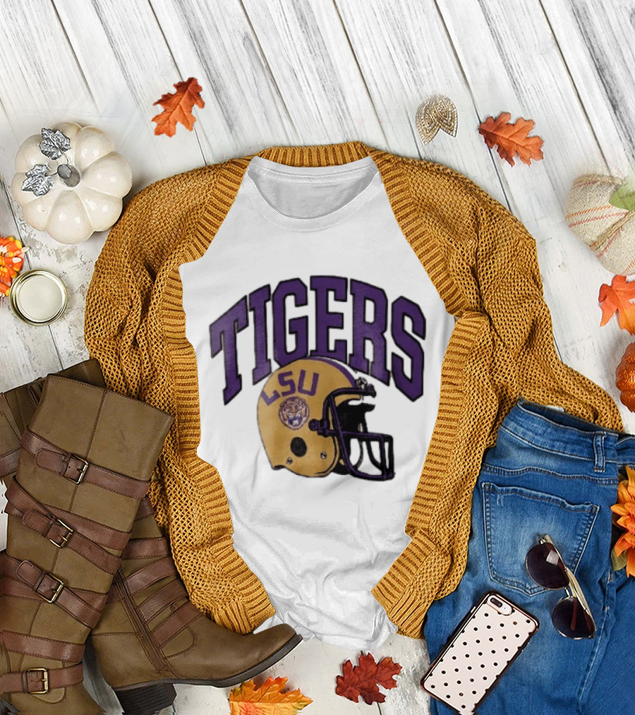 LSU Tigers Yellow Football Helmet Purple Arched Letters NCAA T-Shirt