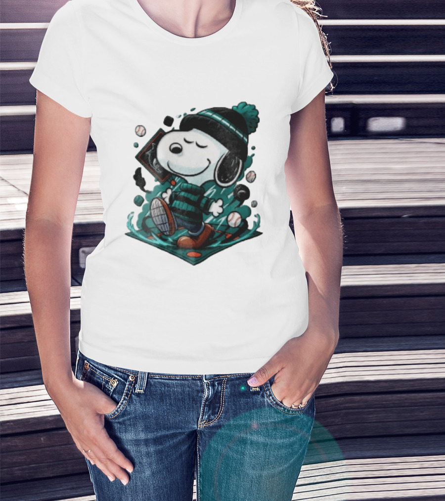 Miami Marlins MLB Snoopy Walking Teal Winter Beanie Striped Baseballs T-Shirt