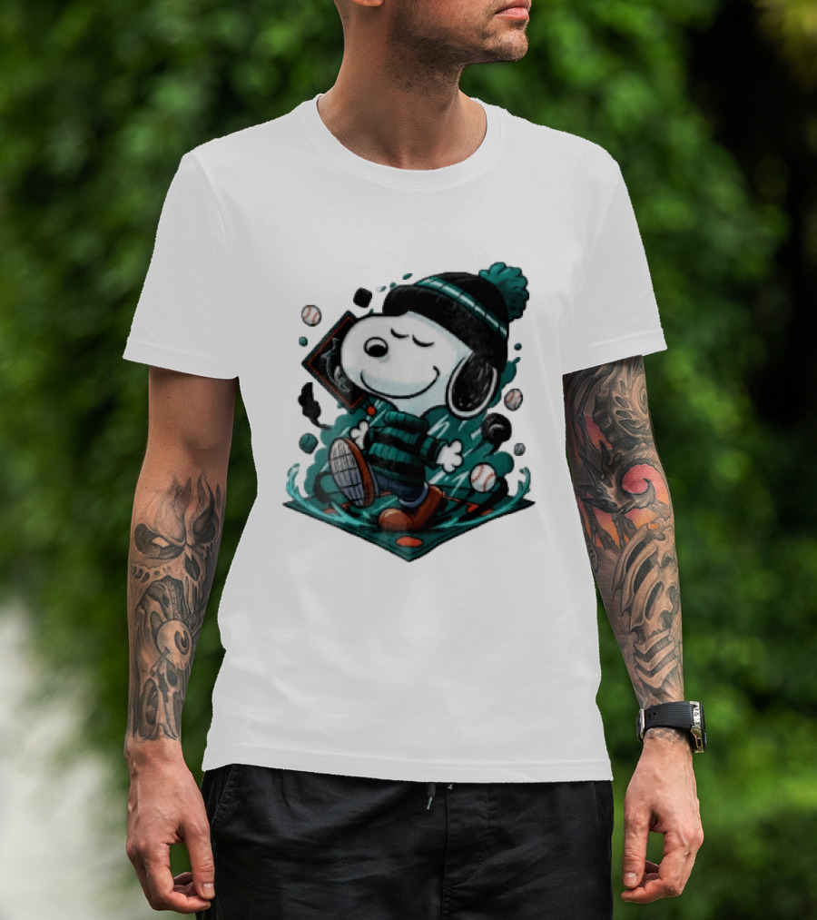 Miami Marlins MLB Snoopy Walking Teal Winter Beanie Striped Baseballs T-Shirt