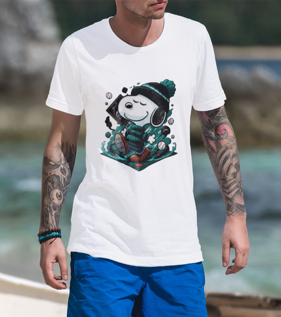 Miami Marlins MLB Snoopy Walking Teal Winter Beanie Striped Baseballs T-Shirt