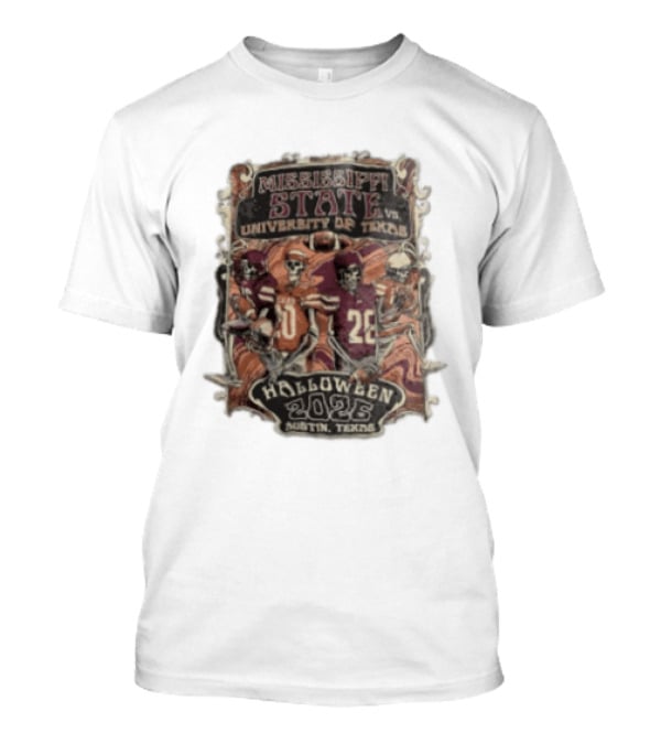 Mississippi State Vs University Of Texas Halloween 2026 Austin Texas Skeleton Football Players T-Shirt