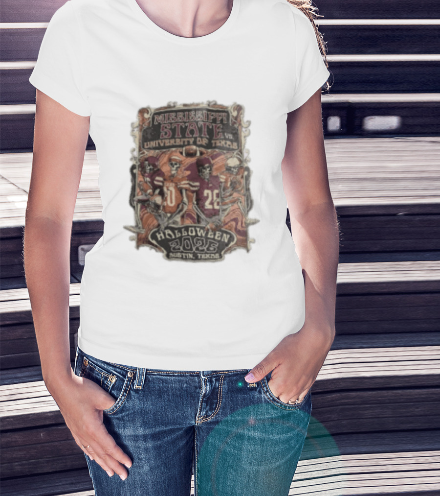 Mississippi State Vs University Of Texas Halloween 2026 Austin Texas Skeleton Football Players T-Shirt