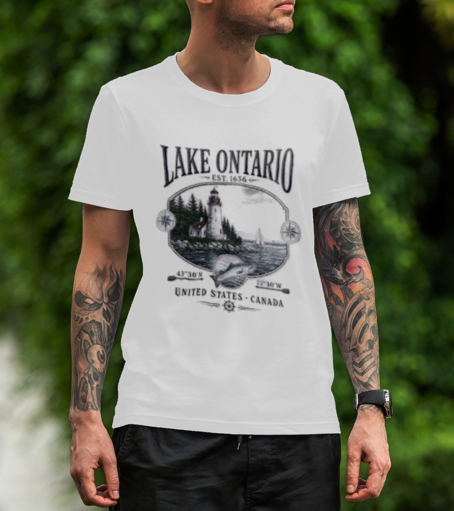 Lake Ontario Lighthouse Sailboat Fish 43 30 And 77 W United States Canada T-Shirt