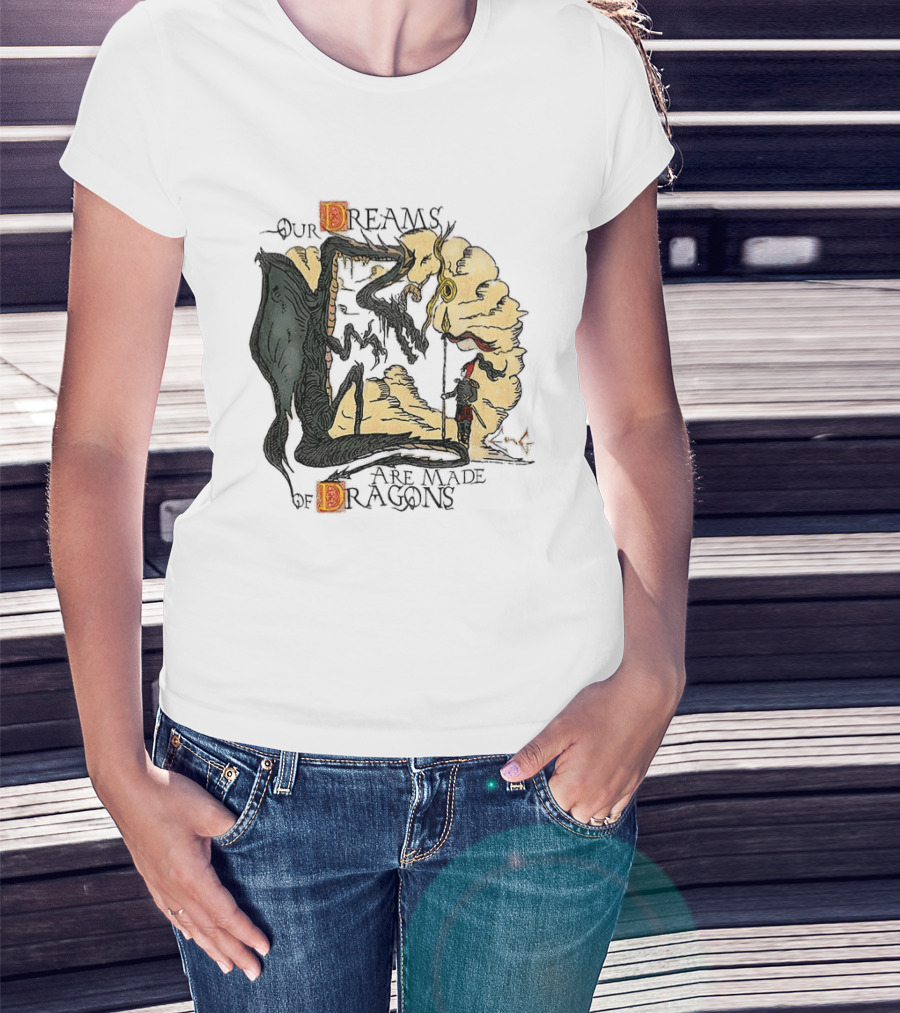 Our Dreams Are Made Of Dragons Artwork Yellow Red Black Fantasy T-Shirt