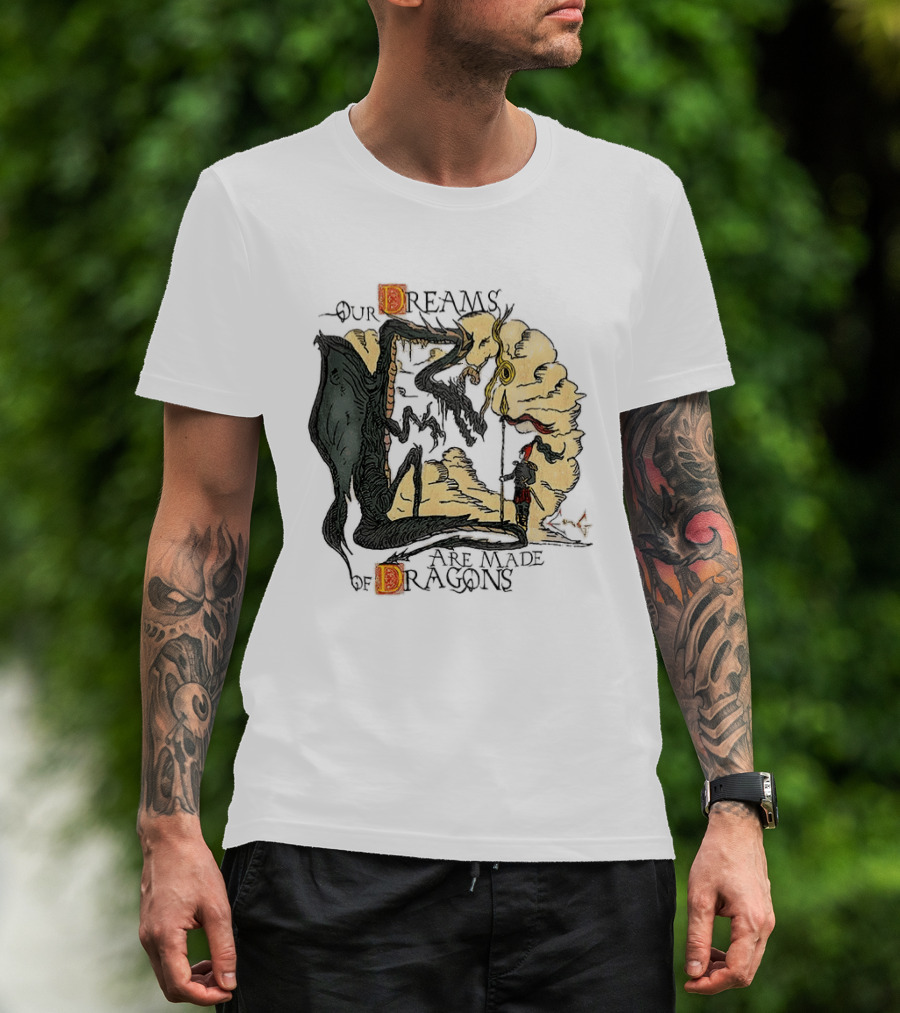 Our Dreams Are Made Of Dragons Artwork Yellow Red Black Fantasy T-Shirt