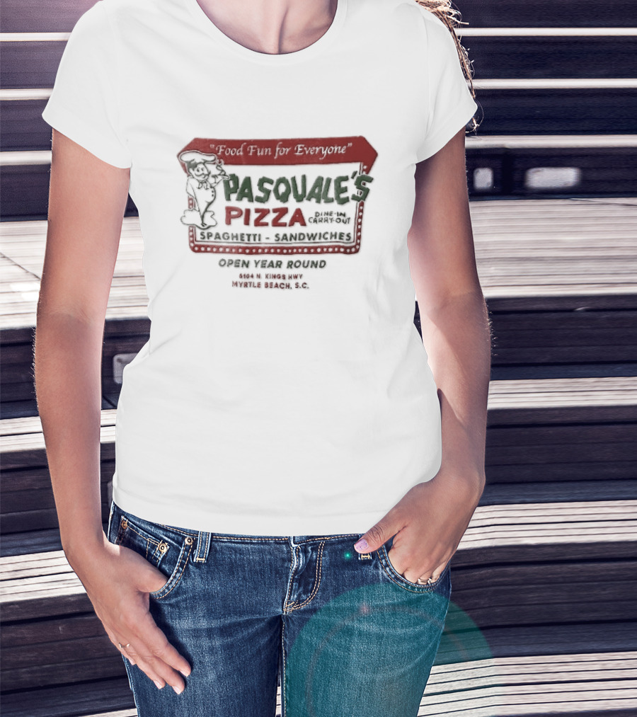 Pasquales Pizza Food Fun For Everyone Myrtle Beach Cartoon Chef Marquee Sign Spaghetti Sandwiches T-Shirt
