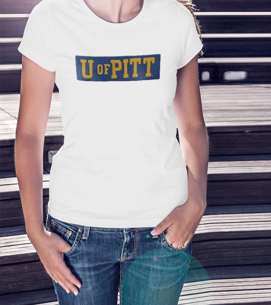 U Of Pitt Blue Wooden Board Yellow Lettering T-Shirt