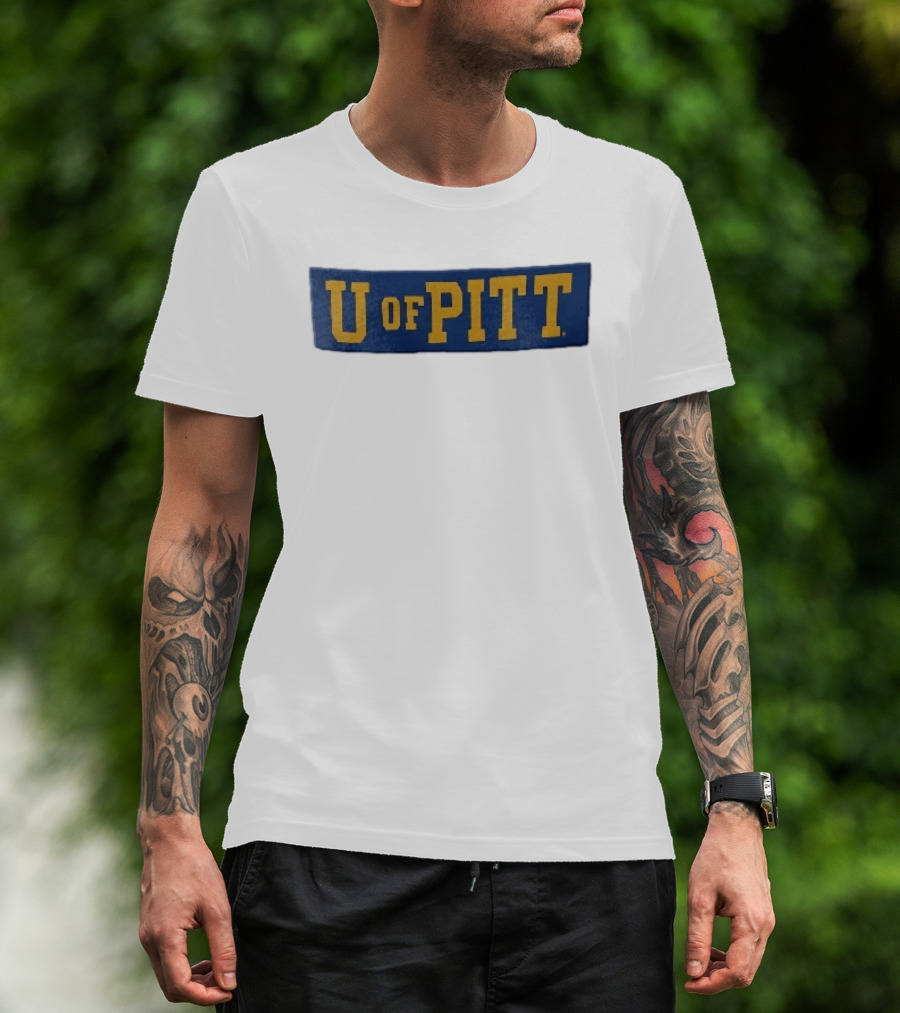 U Of Pitt Blue Wooden Board Yellow Lettering T-Shirt