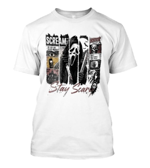 Scream Stay Scary Ghostface Comic Bloody Dagger Do You Like Scary Movies T-Shirt