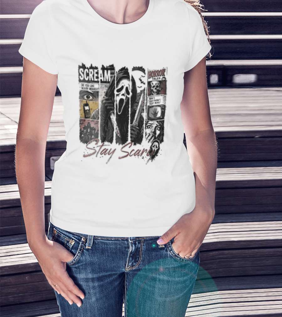 Scream Stay Scary Ghostface Comic Bloody Dagger Do You Like Scary Movies T-Shirt