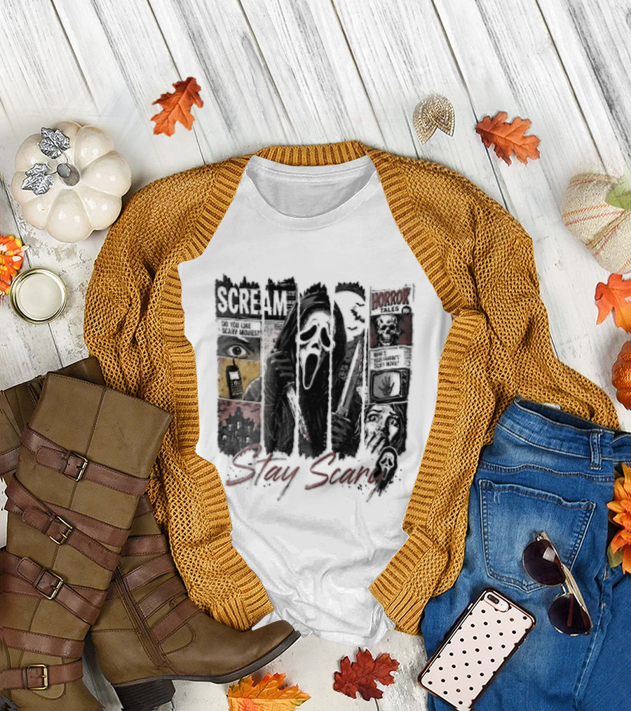 Scream Stay Scary Ghostface Comic Bloody Dagger Do You Like Scary Movies T-Shirt