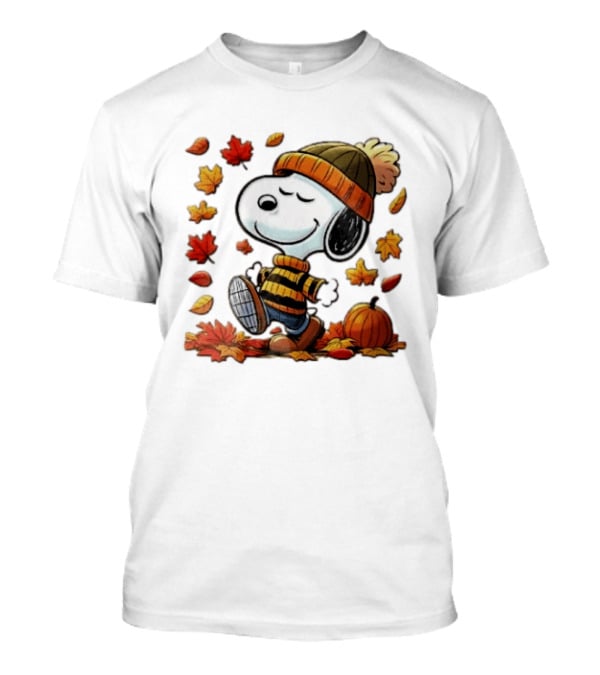 Snoopy Walking In Striped Beanie With Autumn Leaves And Pumpkin T-Shirt