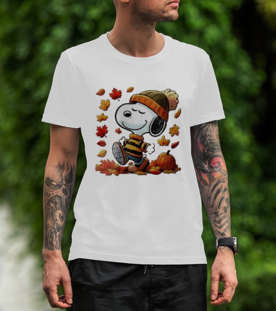 Snoopy Walking In Striped Beanie With Autumn Leaves And Pumpkin T-Shirt
