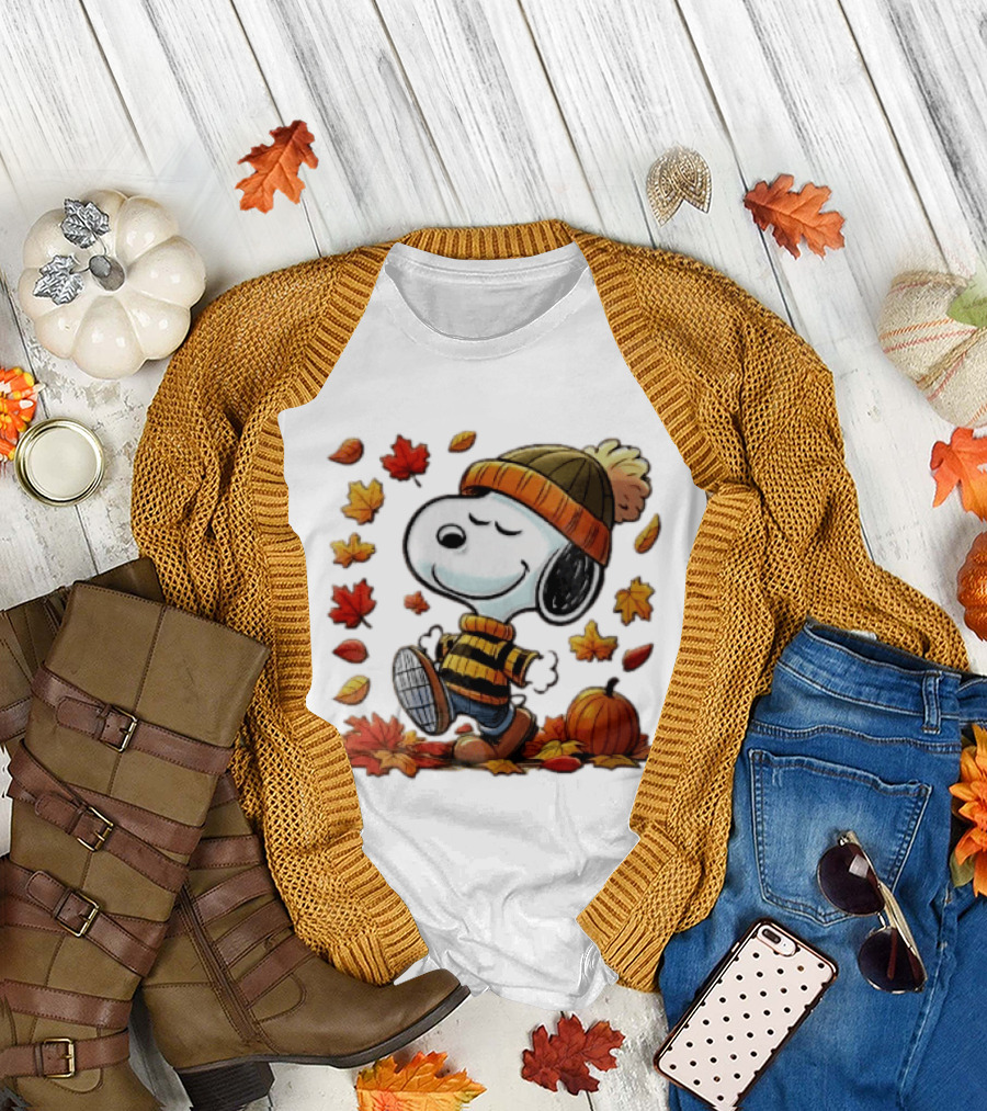 Snoopy Walking In Striped Beanie With Autumn Leaves And Pumpkin T-Shirt