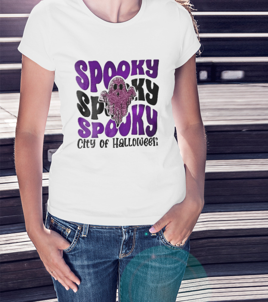 Spooky City Of Halloween Pink Glitter Ghost Retro Groovy T-Shirt