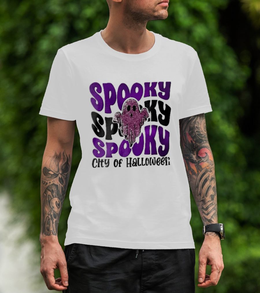 Spooky City Of Halloween Pink Glitter Ghost Retro Groovy T-Shirt