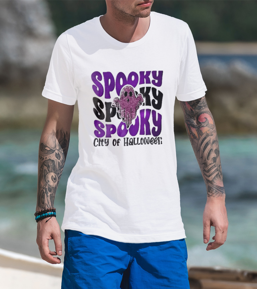 Spooky City Of Halloween Pink Glitter Ghost Retro Groovy T-Shirt