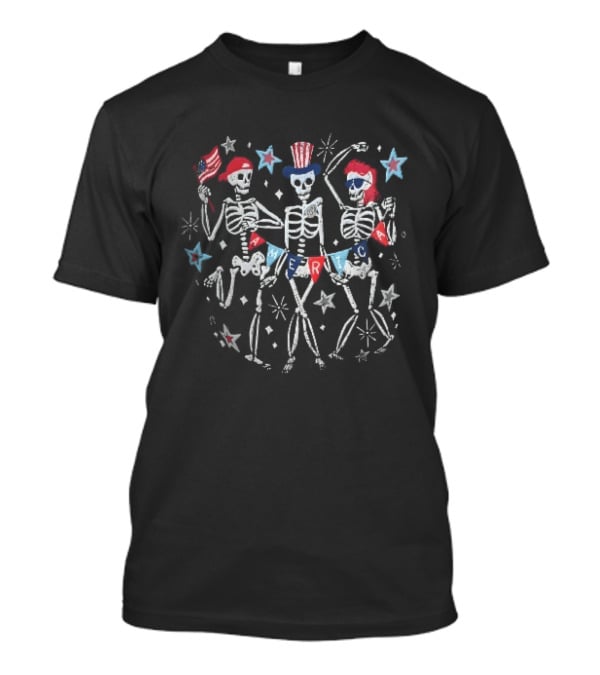 America USA Three Dancing Skeletons Patriotic Uncle Sam Hat Independence Bunting Stars T-Shirt