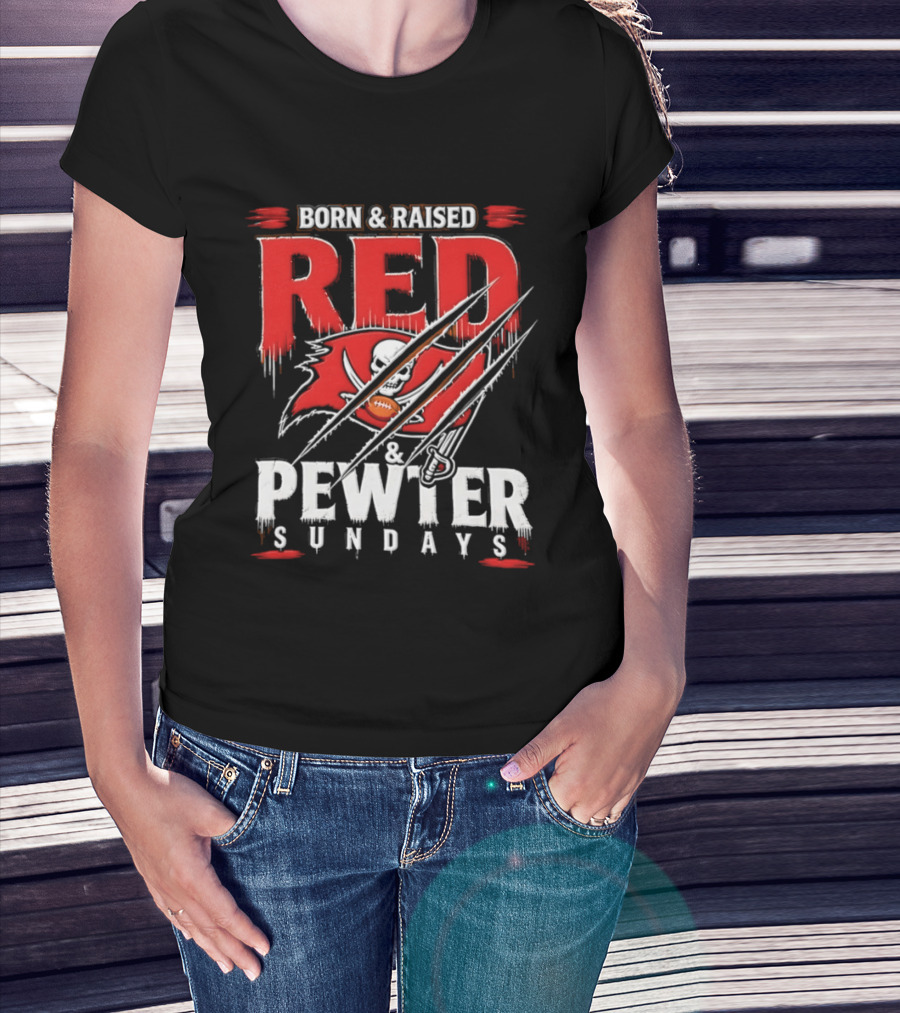 Born And Raised Red And Pewter Sundays Tampa Bay Buccaneers Flag Football T-Shirt