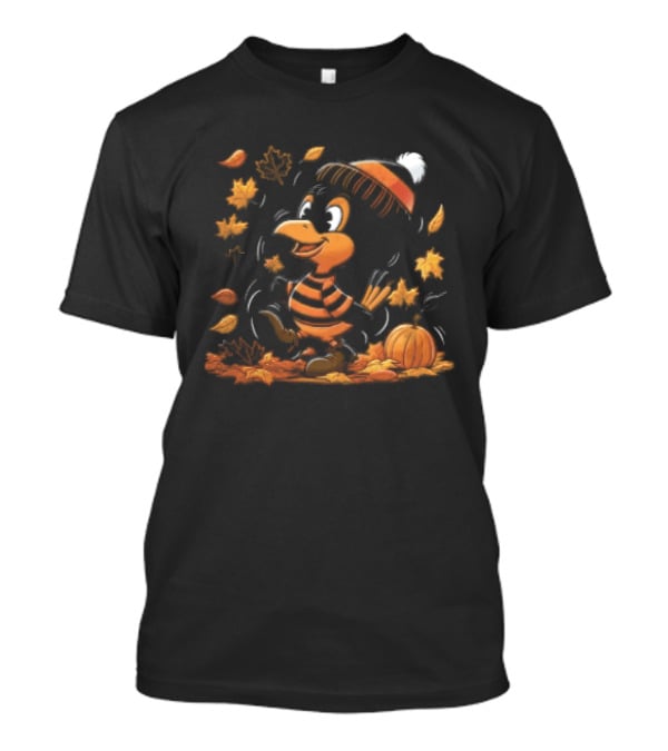 Cartoon Black And Orange Bird Beanie Hat Pumpkin Autumn Falling Leaves T-Shirt