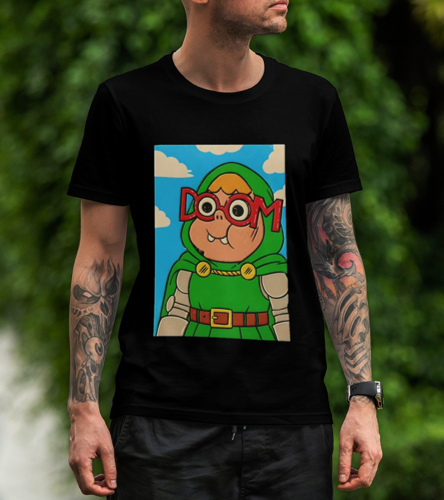 Clarence Doctor Doom Cartoon Crossover DOOM Glasses Green Hood Clouds T-Shirt