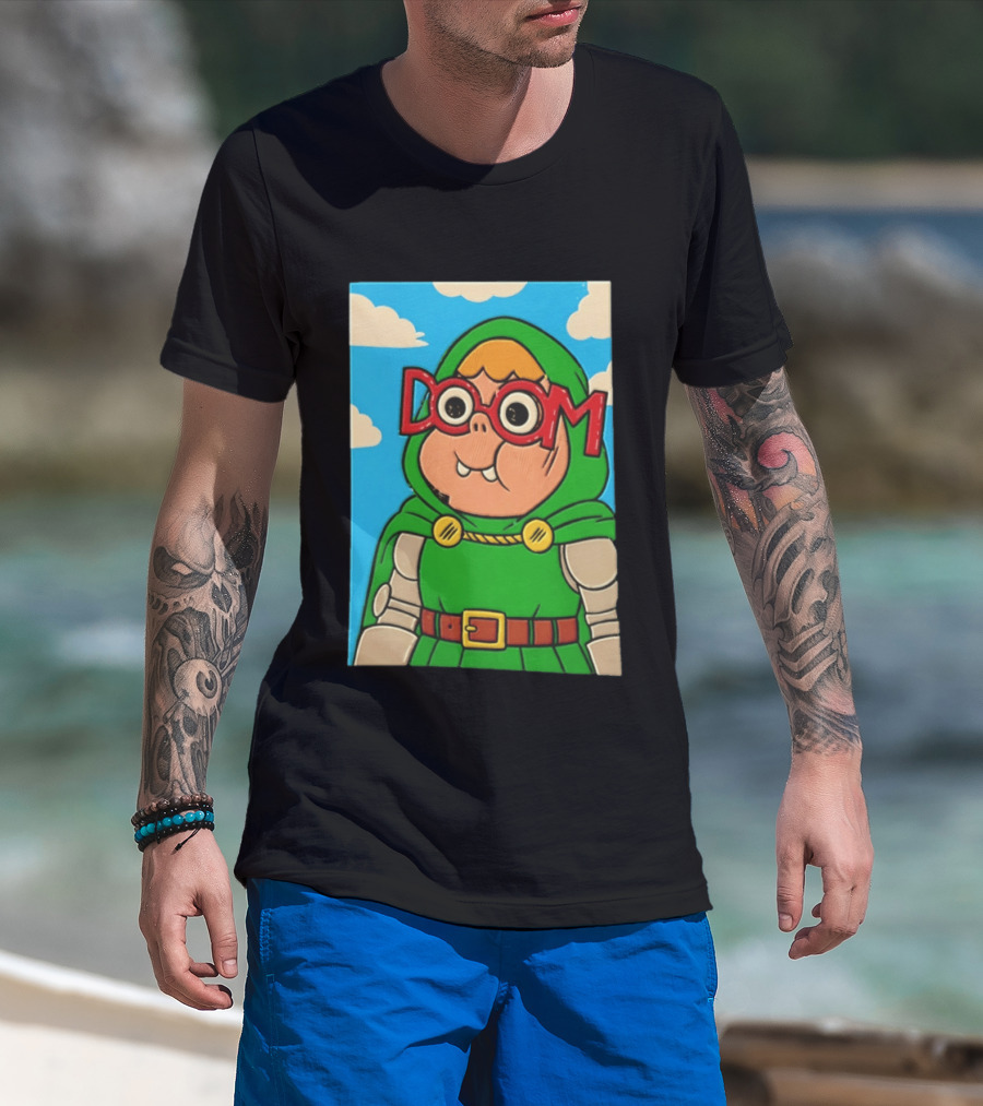 Clarence Doctor Doom Cartoon Crossover DOOM Glasses Green Hood Clouds T-Shirt