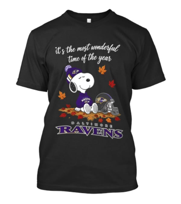 It's The Most Wonderful Time Of The Year Snoopy Baltimore Ravens Beagle Beanie Helmet Autumn Leaves T-Shirt